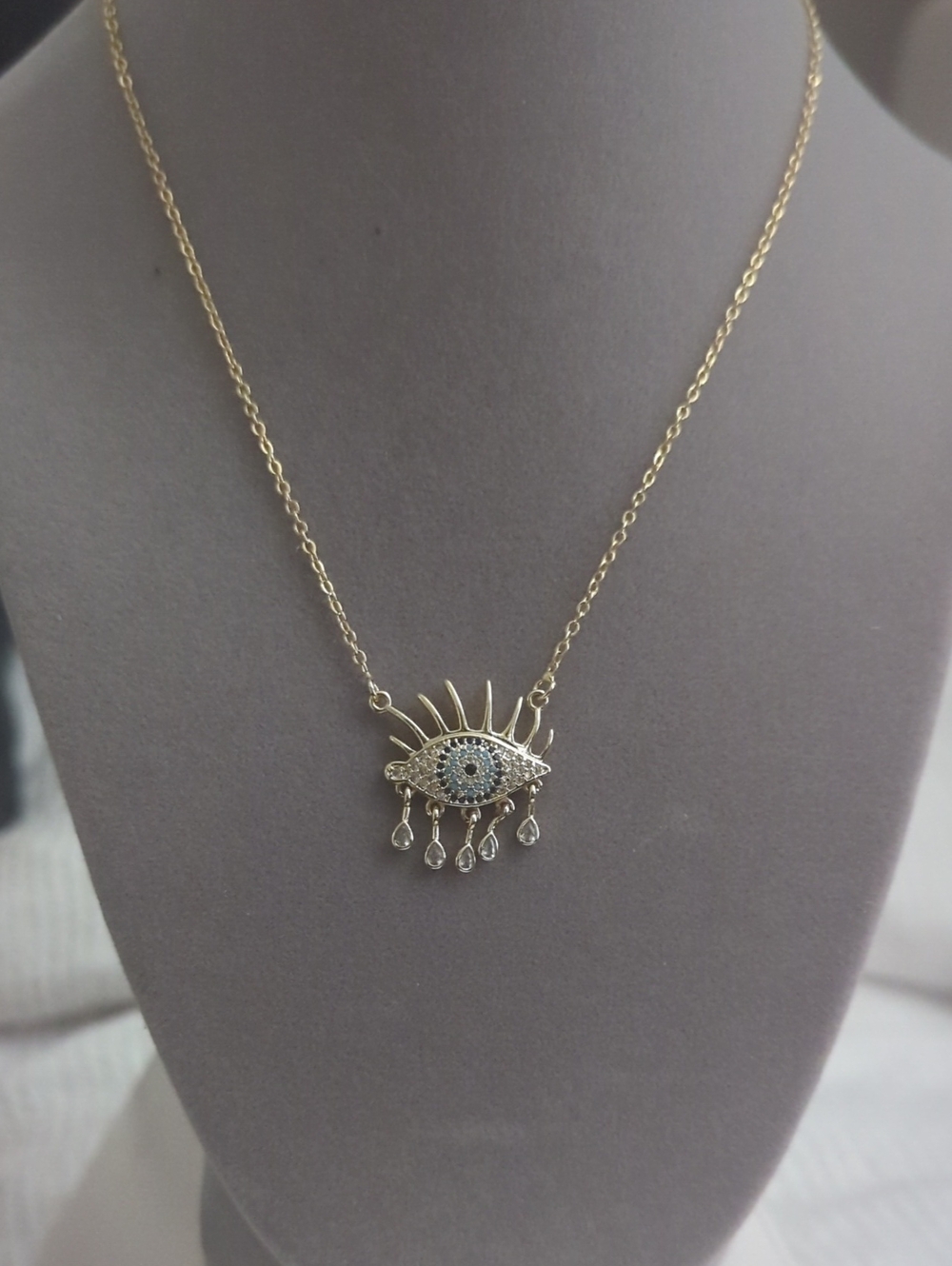 Gold Tone  Evil Eye Pendant Necklace with Blue Accent